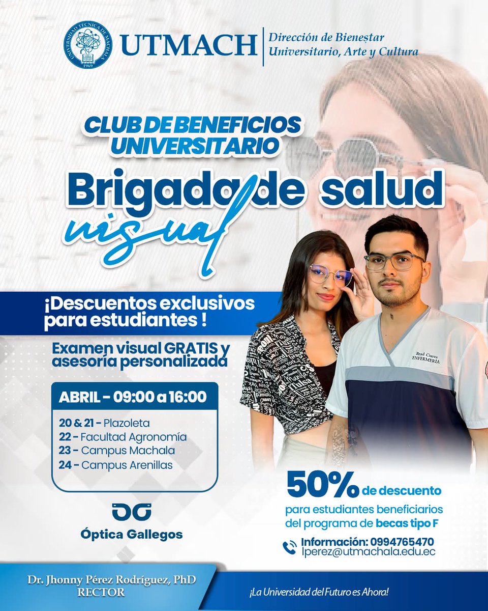 bienestarUTMACH's tweet photo. Las brigadas de salud visual empezarán esta semana en todos los campus universitarios, Aprovecha esta oportunidad del Club de Beneficios de @bienestarUTMACH https://t.co/tn9iqgC3Rp