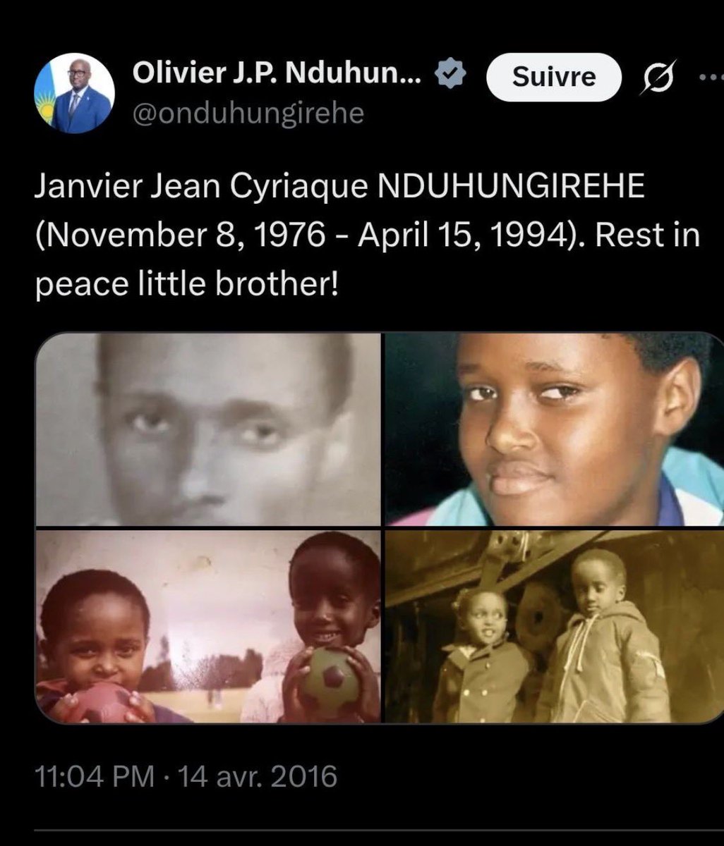 Le 14 Janvier 2016 <a href="/onduhungirehe/">Olivier J.P. Nduhungirehe</a> avait rendu hommage à son petit-frère qui avait été tué par le FPR en 1994. 
Devenu Ministre dans le gouvernement des bourreaux de son frère, il n’a même pas droit de parler de lui. Il doit réciter  "génocide des Tutsis" et oublier son frère.