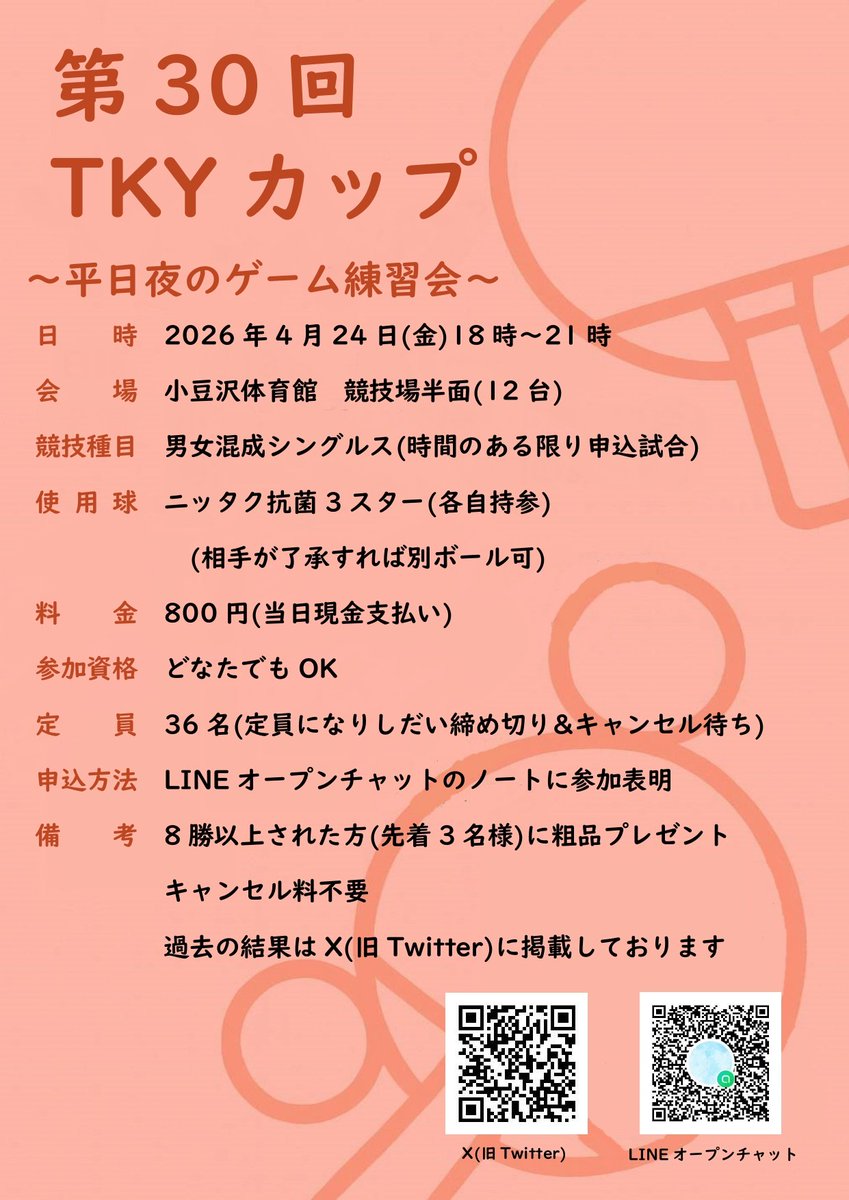 TKY70796740's tweet photo. 来週4月24日(金)の18時からTKYカップin小豆沢体育館を実施します✨

申込戦で試合し放題です！
多い人は10試合くらいしていかれます🙆‍♀️
レベル帯も様々で、どなたでも参加できますので、ぜひご参加ください🏓
【ドタ参・ドタキャン可】です！！

https://t.co/NcvU9VwVh4 https://t.co/mfUPrR4aBb