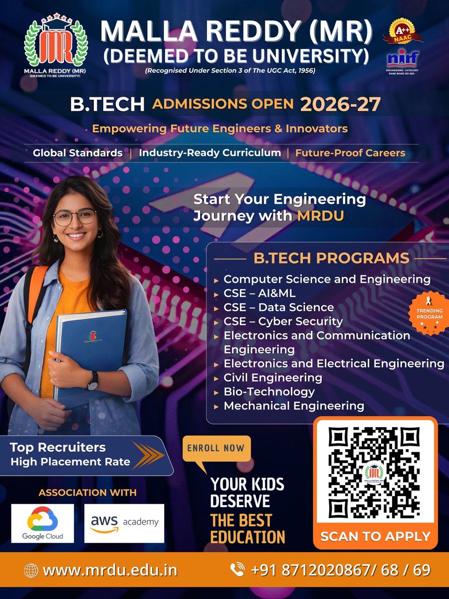 mallareddydu's tweet photo. 🎓 https://t.co/mPum15HG2A Admissions Open 2026–27 @ MRDU

AI | Data Science | Cyber Security | Core Engineering
✔️ Industry-ready curriculum
✔️ High placements
✔️ Google Cloud &amp; AWS collaboration
🔥 Limited seats – Apply now: https://t.co/7p5Bekrklt
#BTech #AdmissionsOpen https://t.co/dgWXSPfHmL