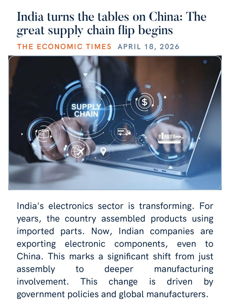 zahidpatka's tweet image. PM @narendramodi Ji
#MakeInIndia #MakeForWorld
India turns the tables on China:The great supply chain flip begins
India’s exports of electronic components to China hit a record $2.5 bn in FY26 so far
-Projections indicate $3.5 bn by the end of FY
economictimes.indiatimes.com/news/economy/f…
@PMOIndia