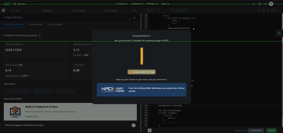 AajKaCode's tweet photo. 🌟 Day 60/60 – Geekstreak  Solved: Flip to Maximize 1s

#geekstreak60 #npci #GfG #POTD #DSA #100DaysOfCode

@geeksforgeeks

@NPCI_NPCI https://t.co/aWSaJjaO5t