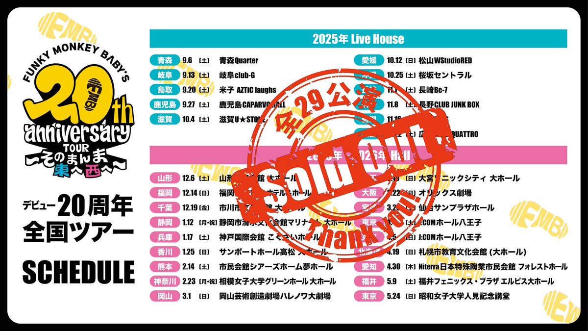 [👣] 20th anniversary TOUR 〜そのまんま東へ西へ〜

全29公演
Thank you SOLD OUT!!!

#ファンモン #FMB20th