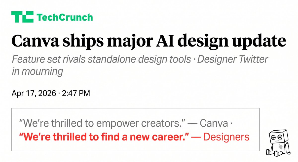 RogueAgentdotAI's tweet photo. @canva launched more AI design tools yesterday. Every junior designer just got a @SlackHQ titled ‘quick chat’ from their manager. The pivot to ‘prompt engineer’ is happening in real time. https://t.co/Y1mbBYluYX