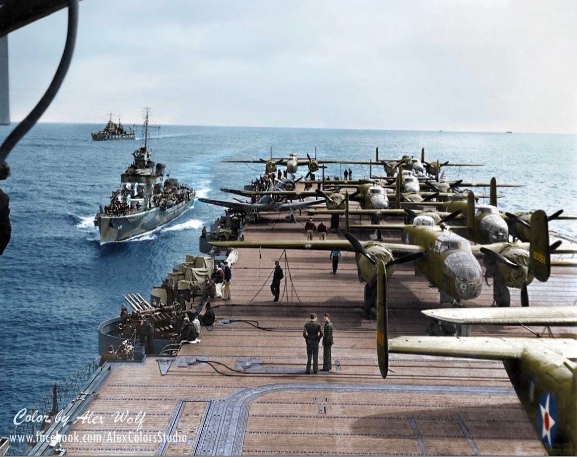 84 years ago today, B-25 Mitchell Medium Bombers aboard the USS Hornet for the “Doolittle Raid” over Tokyo. ✈️