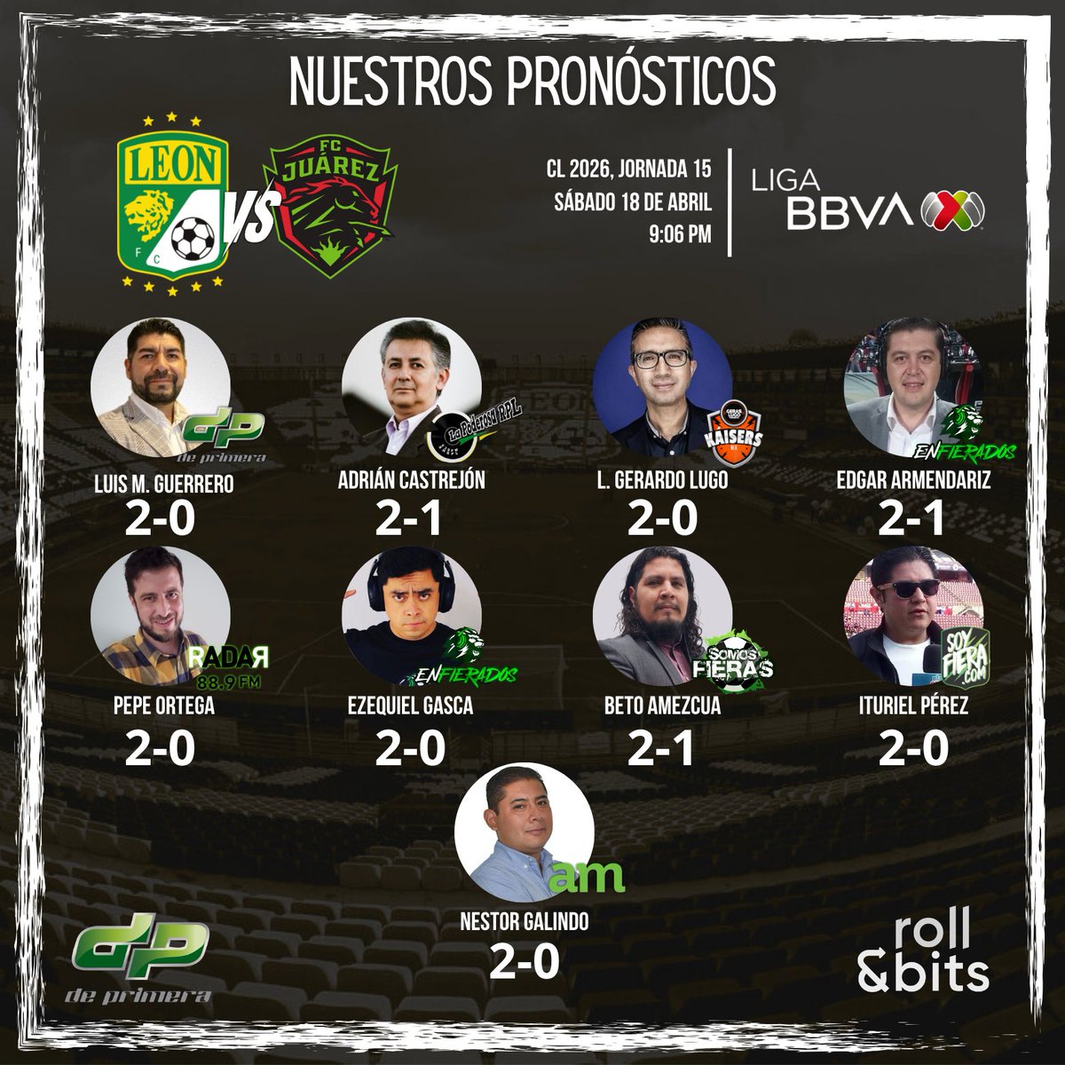 ¡HOY JUEGA LA FIERA!

Y estos son nuestros #PronósticosDePrimera para el #León-Juárez.

¿Cuál es el tuyo?

#LEOvsJUA
