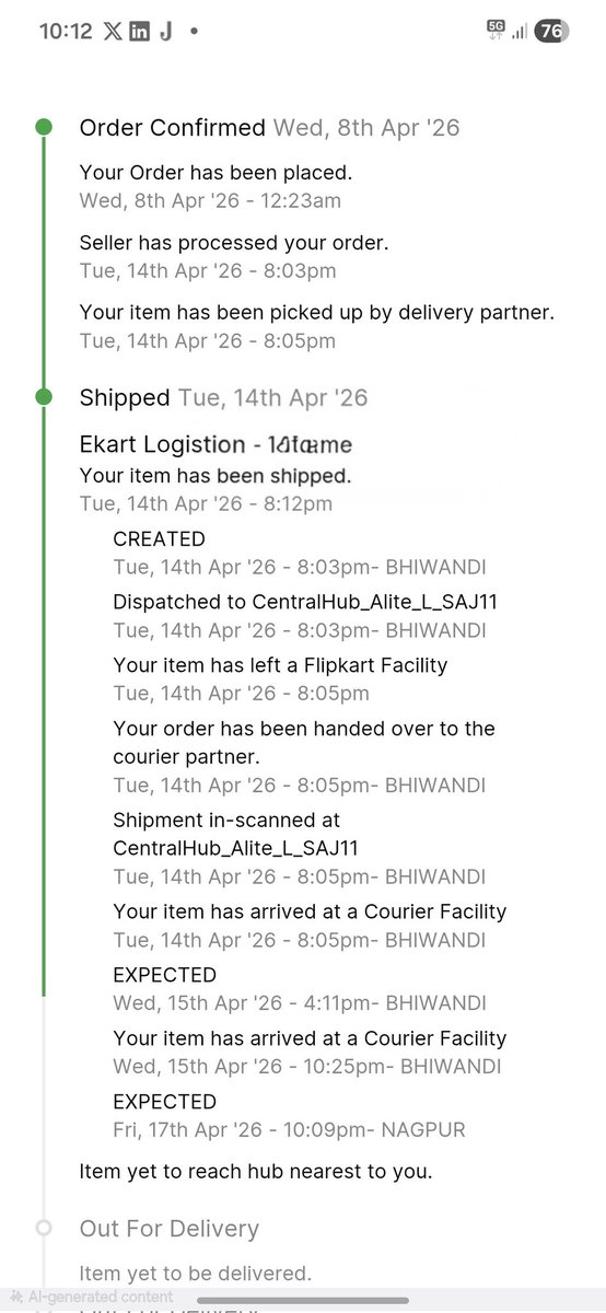 YashChikte1's tweet photo. Worst service by @ekartlogistics it is taking 2 weeks to deliver and still it is showing in Bhiwandi and expecting in nagpur @flipkartsupport can you please change your logistics partner.This is not my first issue every time ekart provide worst service.
@yabhishekhd https://t.co/eSypEDXeJi
