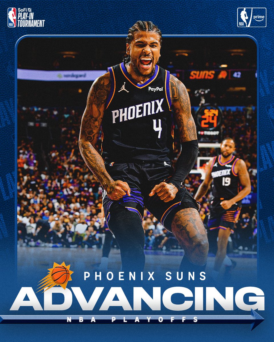 NBAonPrime's tweet photo. The Phoenix Suns clinch the West #8 seed 🔒

Next up, the Oklahoma City Thunder in the first round of the NBA Playoffs ☀️ https://t.co/UE3uQRPYZA