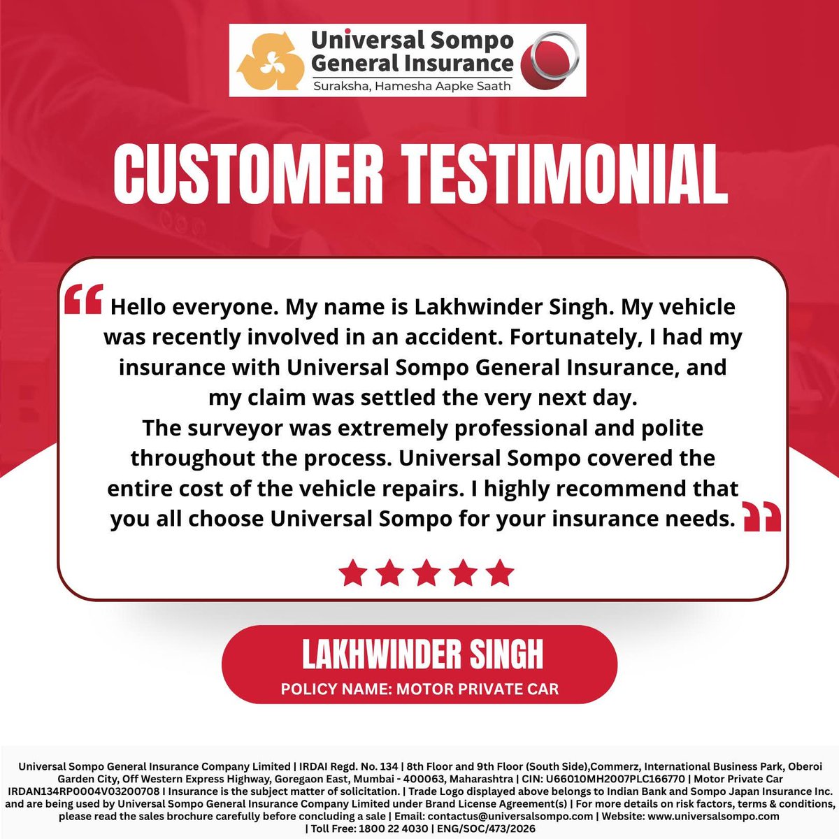 Universal_Sompo's tweet image. Where efficiency meets reliability—every single time. See how we made a difference for Lakhwinder Singh.

To Know More- universalsompo.com

#universalsompo #happycustomer #happyservice #insurance #motorinsurance