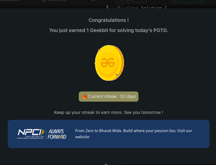 ayushi__ofc's tweet photo. 🔄 Day 53/60 – #geekstreak60
Solved Flip to Maximize 1s on @geeksforgeeks
✔ Converted flip effect into gain/loss array
✔ Applied Kadane’s Algorithm for best subarray
✔ Achieved optimal O(N)
Powered by @NPCI_NPCI
#npci #GeeksforGeeks #POTD #DSA #Java #CodingJourney #WomenInTech https://t.co/RpM75ocAn1