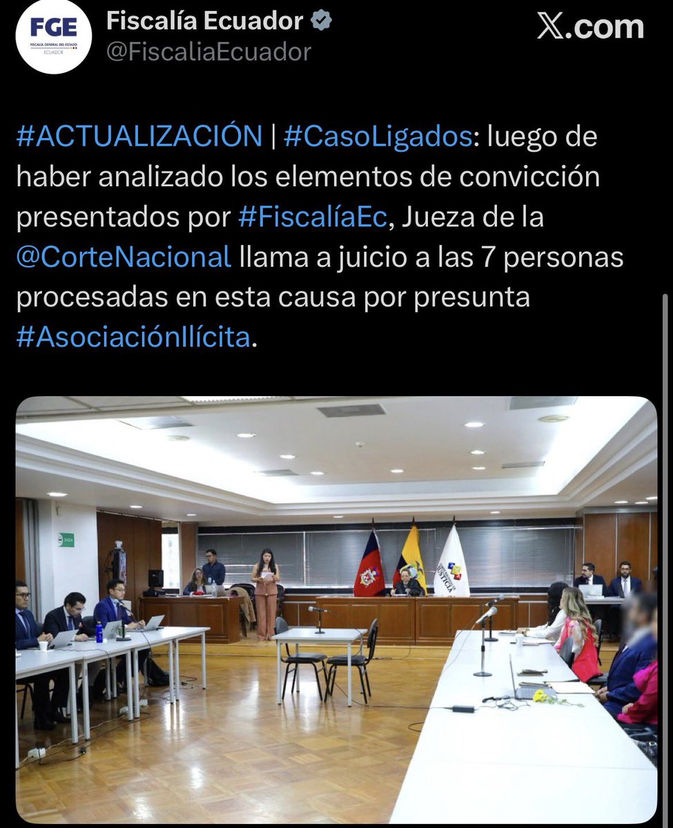 ‼️#URGENTE
#CasoLigados: La jueza Daniella Camacho dictó el llamado a juicio para Augusto Verduga, Eduardo Franco Loor, Yadira Saltos, Nicole Bonifaz, Andrés Aráuz, Raúl González y Esther Cuesta. <a href="/FiscaliaEcuador/">Fiscalía Ecuador</a> los acusa de presunto delito de asociación ilícita.