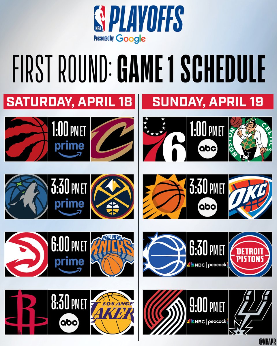 NBAPR's tweet photo. The 2026 NBA Playoffs presented by @Google begin tomorrow! 

Opening weekend schedule ⬇️ https://t.co/L4SH1gMvL1