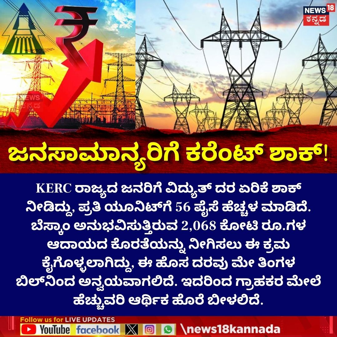 News18Kannada's tweet photo. Karnataka KERC Hikes Electricity | ಜನಸಾಮಾನ್ಯರಿಗೆ ಕರೆಂಟ್ ಶಾಕ್!
#KERC #News18Kannada https://t.co/Fh38ZCdNhJ
