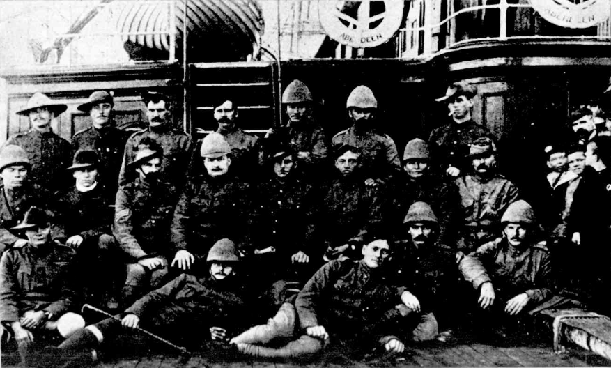 A group of New South Wales officers and men invalided from the war in South Africa who arrived back in Sydney aboard the steamer "Australasia" on 28 June 1900.

Photograph: "The Town and Country Journal", 7 July 1900.

#History