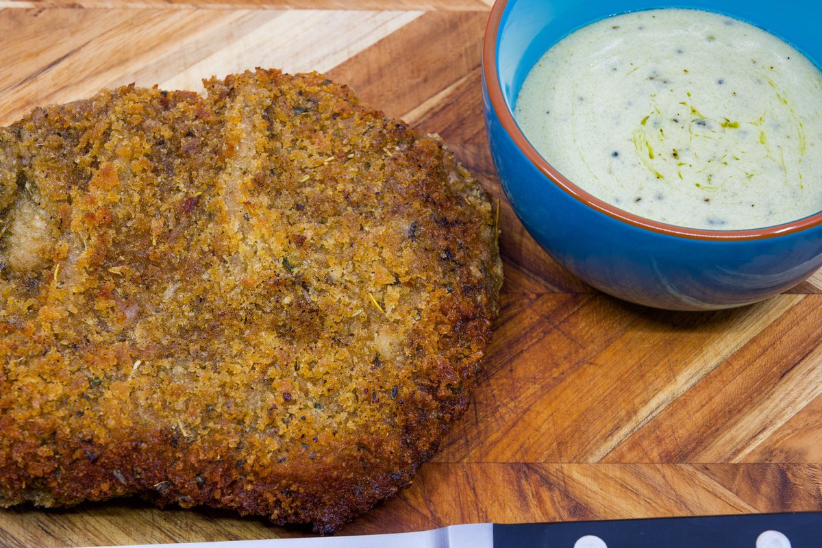 Yummy_Lummy's tweet photo. Crumbed porterhouse steak. I served it with a blue vein cheese and Vegemite sauce. I cooked the steak on the Weber Q+. https://t.co/hUMwVIztHr