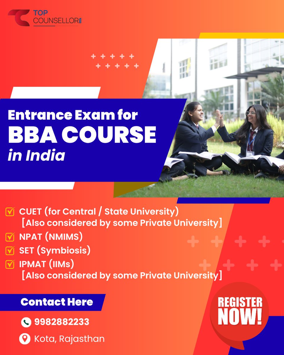 Top_Counsellor's tweet image. 🎓 Dreaming of a successful career in Business &amp;amp; Management? Start with the right entrance exam! 🚀

📞 Contact Now: 9982882233
📍 Kota, Rajasthan
#TopCounsellor #BBAAdmission #BBAEntranceExam #CUET2026 #NPAT #SETExam #IPMAT #BBACollege #CareerCounselling