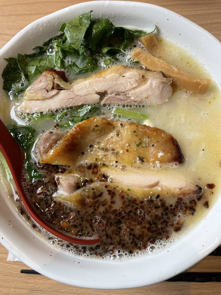 昼に食べた鶏ラーメンがめっちゃ美味しかった！
汁が濃厚鶏ガラ塩スープで鶏のチーシュー、生のほうれん草、刻み生玉葱入りで美味しかった😋