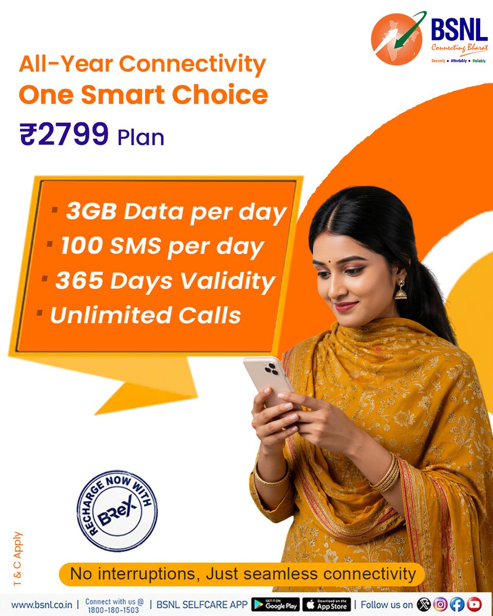 BSNL_GJ's tweet image. One recharge. Zero worries. 😊

📲With BSNL ₹2799 plan, stay connected for an entire year without the hassle of monthly recharges.

Recharge smart via #BReX 👉 chatbot.bsnl.co.in

#BSNLGUJARAT #StayConnected #YearlyPlan #UnlimitedCalls #RechargePlan #3GB #perday