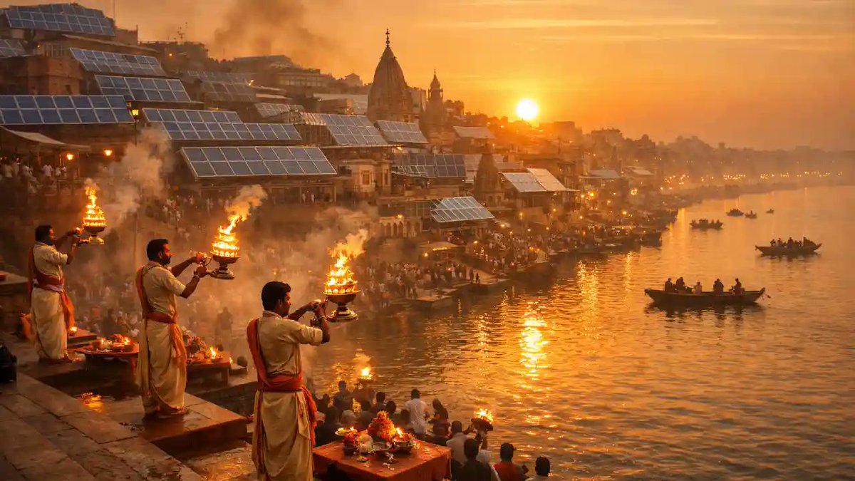 storyantra's tweet image. Where ancient prayers meet the future of energy 🌅🔥⚡
Full Story - storyantra.in/2026/04/how-di…

#Varanasi #GangaAarti #CleanEnergy #SolarPower #India #Spirituality #FutureIsNow #SustainableLiving #IncredibleIndia #SunriseVibes