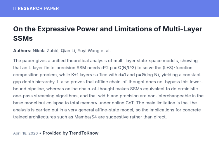 aitrendings's tweet image. On the Expressive Power and Limitations of Multi-Layer SSMs

👥 Nikola Zubić, Qian Li, Yuyi Wang &amp;amp; Davide Scaramuzza

#AIResearch #MachineLearning #StateSpaceModels #DeepLearning

🔗 trendtoknow.ai/paper-reviews/…