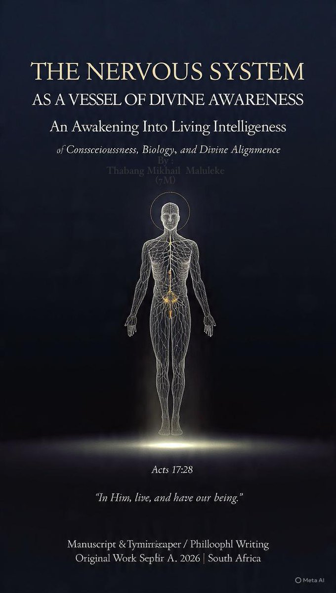 7mThabang's tweet image. What you call reality is filtered through the nervous system.
When it clears, truth is no longer debated—it is seen.
📕 THE NERVOUS SYSTEM AS A VESSEL OF DIVINE AWARENESS
-Thabang Mikhail Maluleke (7M)
#GOD #Book #Nervoussystem #Malema #Afriforum #حافظ_قوم_کا_محافظ #Floyd