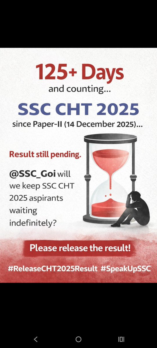 HappySangwan16's tweet image. 2018 – 101 days
2019 – 120 days
2020 – 165 days
2025 – 125+ days already!
Delay क्यों @SSC_GoI?
#ReleaseCHT2025Result #SSCCHT2025 
#SSC  Sabse Sust Commission 
@adityaranjan108 @DainikBhaskar @INCIndia @khurpenchh @narendramodi @yadavtejashwi