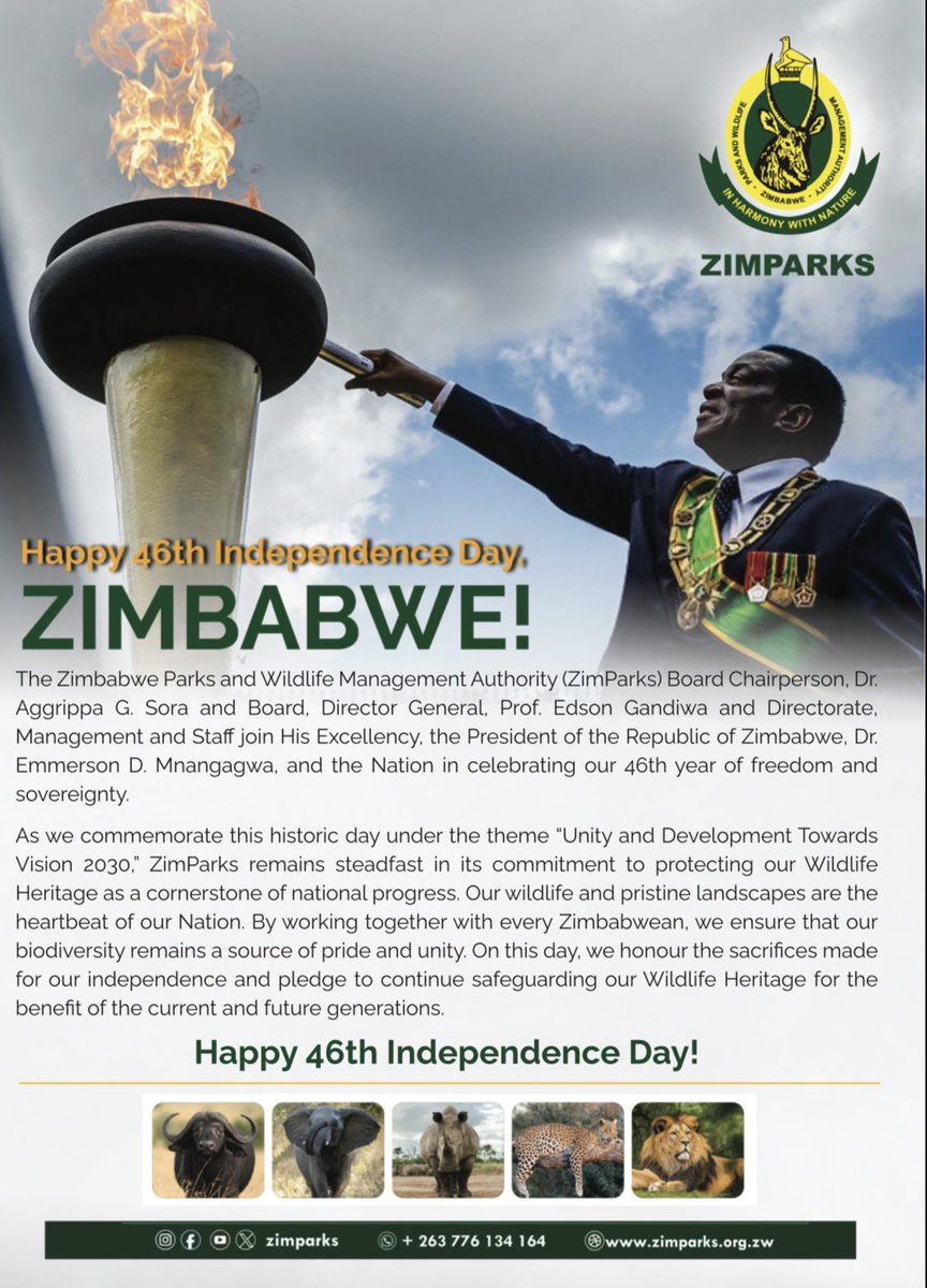 Zimparks's tweet image. Zimbabwe @46. HAPPY INDEPENDENCE DAY!!!
#IndependenceDay
#zimbabwe