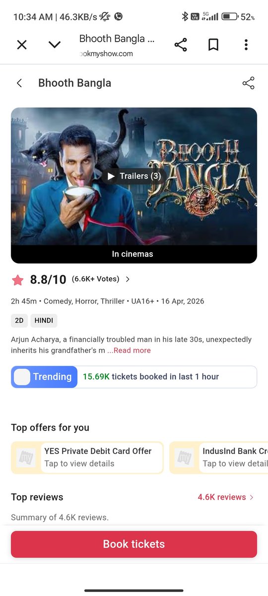 Sharmarohit263's tweet photo. BMS पर Bhoot Bangla की रफ्तार 🔥
Per hour 17K tickets बिक रहे हैं, रात तक 30K+ पक्का!
Horror + Comedy का तूफान आ चुका है 👻💥  #BhoothBangla https://t.co/vuyavM8mbW