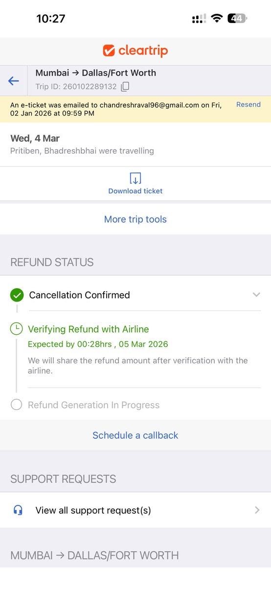 ChandreshRaval3's tweet image. @Cleartrip @qatarairways
Trip ID: 260102289132 | Mumbai–Dallas flight (4 Mar) cancelled. Refund still pending after repeated calls. False timelines being given.
Kindly resolve immediately.   #Cleartrip #RefundDelay #CustomerSupport