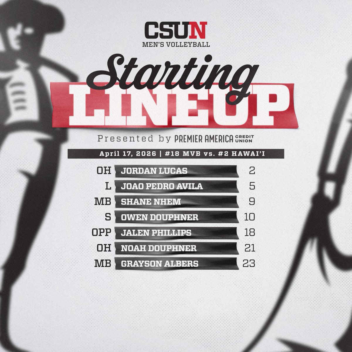 CSUNMensVB's tweet photo. Here's the #CSUN starters for tonight's opener at No. 2 Hawai'i
#GoMatadors https://t.co/bjRY9OnEiQ