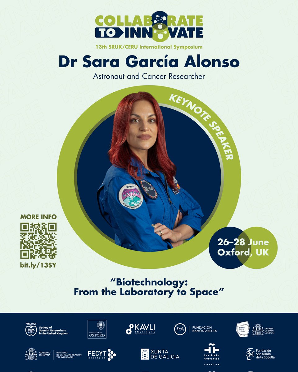 ComunidadCeru's tweet photo. 🍏 Announcing our first keynote speaker!

We are delighted to welcome Sara García-Alonso (@Astro_SaraG) as keynote speaker at the 13th SRUK/CERU International Symposium, chaired by Ana Aragón-González (@AnaAragonG).

From the lab to space, Sara will share her unique journey at the intersection of biotechnology, space exploration, and innovation—offering a truly inspiring perspective on science without boundaries.

📅 26–28 June 2026
📍 Oxford, UK
🦖 Oxford University Museum of Natural History

💡 Find out more: https://t.co/d9lXiUdIxj

⏳ Registration opens soon