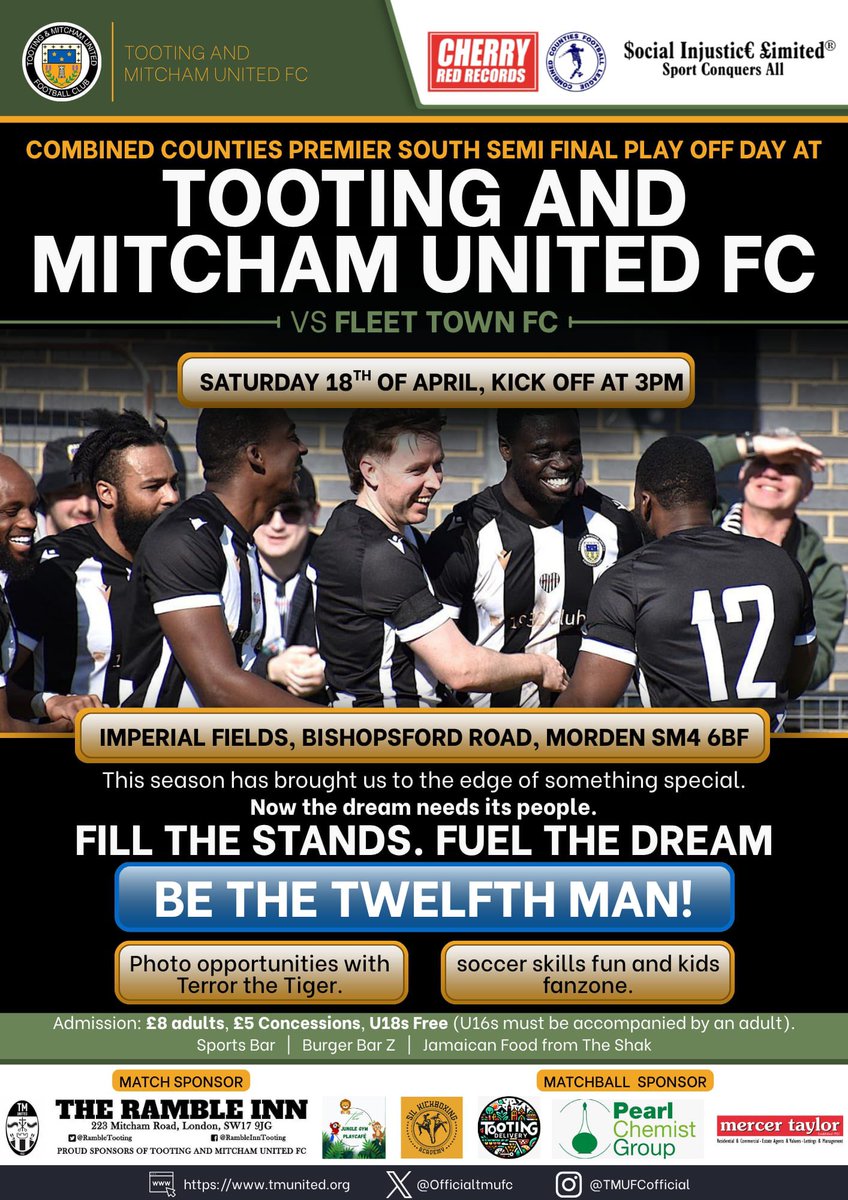 OfficialTmufc's tweet photo. ⚽️ LEAGUE PLAYOFF TODAY@ IMPERIAL FIELDS ⚽️

Today we play Fleet Town in a semi final league playoff.

Kick Off 3pm.

Under 18s FREE.

Please come down to support the team and bring all the family and friends as we strive to achieve promotion.  Arrive early and make a day of it!

Please note season tickets are not valid for this game. 

🖤🤍📣

🆚 @FCFleetTown 
🏆Combined Counties Premier South Playoff Semi Final
⚽️3pm
🗓️Saturday 18 April 2026
📍Imperial Fields, SM4 6BF
🎟️£8 adults / £5 concessions card or cash. Under 18 FREE and U16 must be accompanied by an adult.
📖Printed Programme
🍺Sports Bar open with live sport on screens
🍔Burger Bar open
🍗The Shak open
🛒Club Shop open

Matchday sponsor is @RambleTooting 

Matchball Sponsor is @PearlChemist