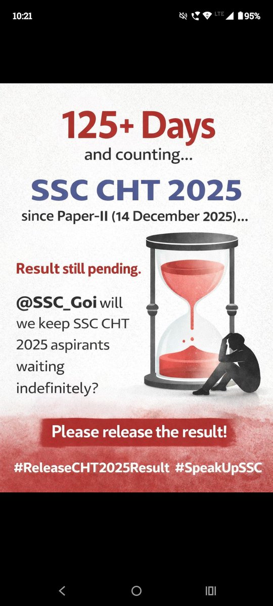 HappySangwan16's tweet photo. 125+ दिन से रुकी हुई है ज़िंदगी… ⏳
Result delay = Career delay 📉
@SSC_GoI SSC CHT 2025 का रिज़ल्ट जारी करें और युवाओं के भविष्य के साथ खिलवाड़ बंद करें। 📢
#ReleaseCHT2025Result #SSCCHT2025 #SSCHinditranslator 🙏 https://t.co/xGciwjZ7SB