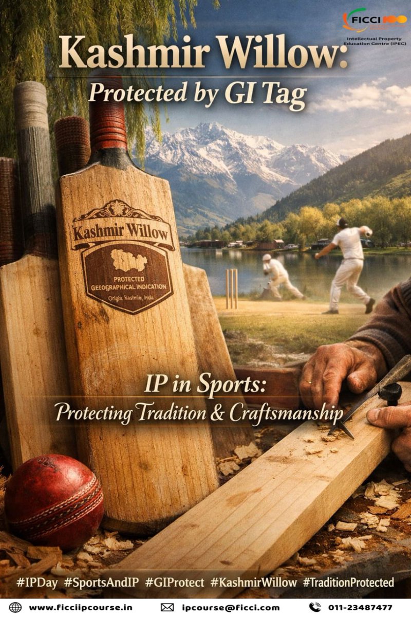 FicciIp's tweet image. Kashmir Willow isn’t just wood—it’s a cricketing legacy protected by a GI tag. Like Champagne, its name belongs only to its region. 
This World IP &amp;amp; Heritage Day, celebrate the rights that protect craft, sport &amp;amp; tradition. 
#KashmirWillow #IPR #GI
