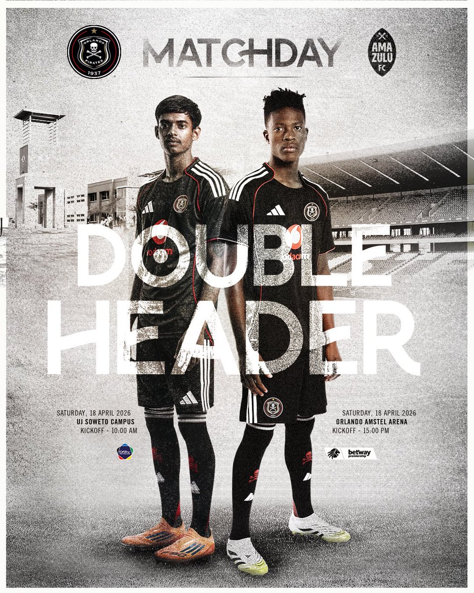 orlandopirates's tweet photo. 𝐌𝐀𝐓𝐂𝐇_𝐃𝐀𝐘 𝐃𝐎𝐔𝐁𝐋𝐄 𝐇𝐄𝐀𝐃𝐄𝐑

🆚 @AmaZuluFootball 
🗓️ Saturday,18 April 2026
🏟️ UJ Soweto | Orlando Amstel Arena
⏱️ 10:00 | 15H00
🎫 DDC-Free (Limited )
🎫 https://t.co/nLkZO2JQky
📺 @SuperSportTV (First Team Only)

⚫⚪🔴⭐
#OrlandoPirates
#OnceAlways https://t.co/rWVJHLaNcW