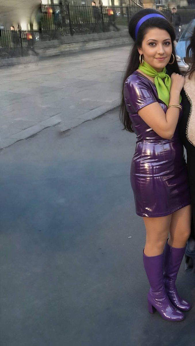 theconman1990's tweet image. Dressed as daphne. #pvc #latex #pink #purple #daphne