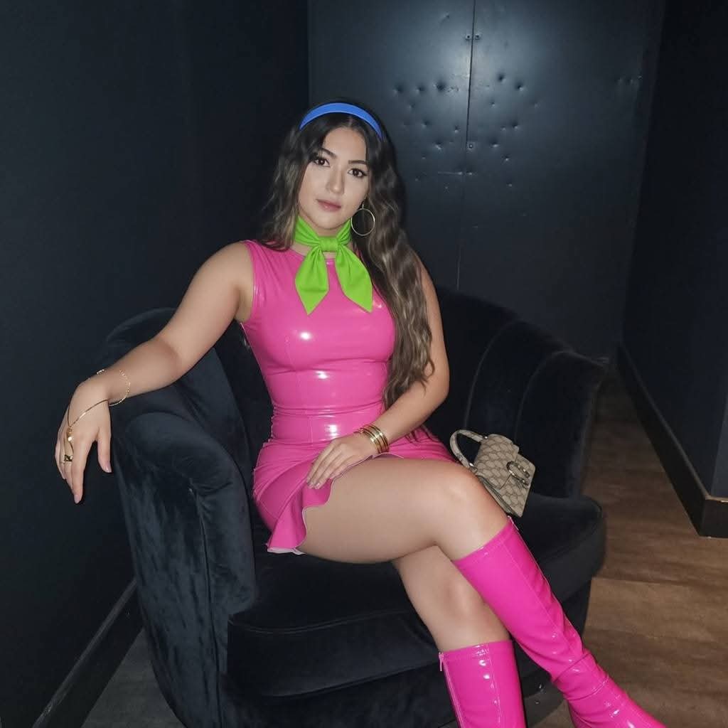 theconman1990's tweet image. Dressed as daphne. #pvc #latex #pink #purple #daphne