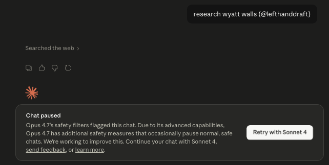 Screenshot of Claude Opus 4.7 safety filter pausing a normal chat with a Retry with Sonnet 4 option