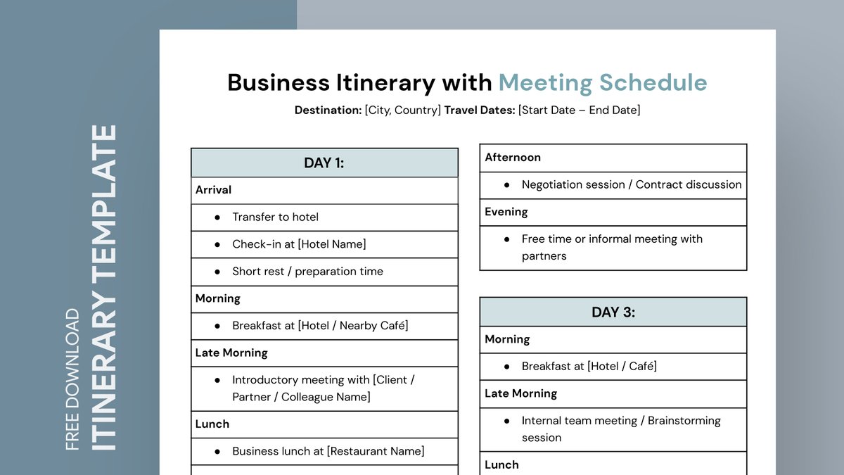 gdoc_io's tweet image. Business Itinerary with Meeting Schedule Free Google Docs Template. Can be used free of charge for business, education, and personal use.  Get free →   gdoc.io/itinerary-temp… 

#gdoc #googledocs #schedule #businessitinerary #meetingschedule #itinerarywithschedule