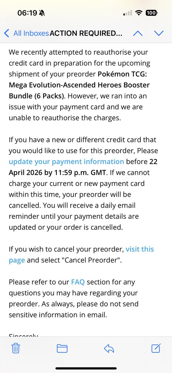 PokeFan15118's tweet photo. @pokemondealsuk Has any of your followers had this before? I have gone on the order and changed the card to another one, but it’s still showing as action required https://t.co/ICXYLw6ztv