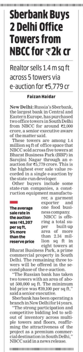 FaiHaider's tweet image. Other buyers include some PSUs, a construction #equipment manufacturer, a garment exporter and one food business company. #NBCC is offering 2.34 million sq ft in eight towers at #BharatBusinessPark, a prime #commercial property in #SouthDelhi.

m.economictimes.com/industry/servi…