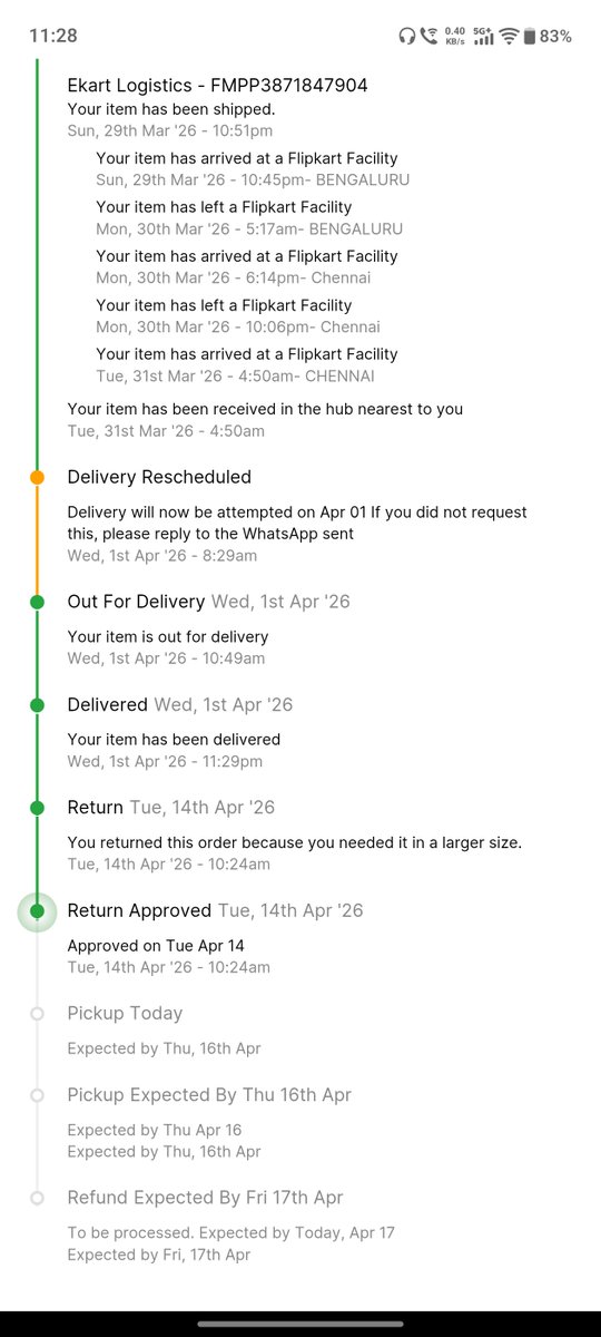 Madhavan_Tweet's tweet photo. @Flipkart  @flipkartsupport @amazonIN
 i raised return on 1st of April no one came for pickup up date got changed to 3rd then 5th ,9th 11,13 now 16 still no pickup called customer service and spoke to senior team still no resolution, kindly assist https://t.co/cGC8GN0lqx