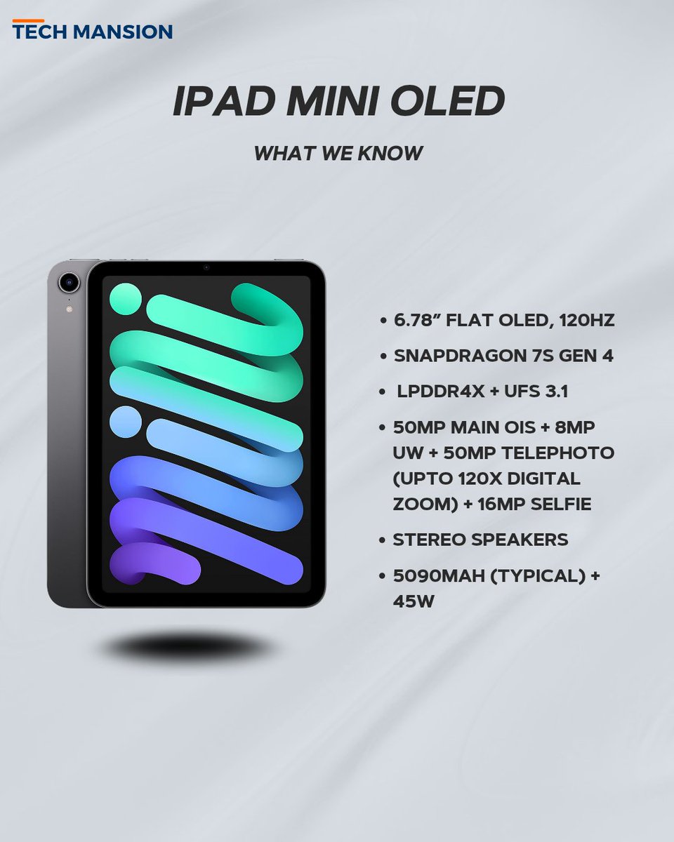 TechMansion's tweet image. The iPad OLED Mini is coming!
Here's what we know
 #newrelease #TechLaunch #TechLeaks #technews #iphone #ipad #apple #OLED #newtechnology #newtech #TechUpdates