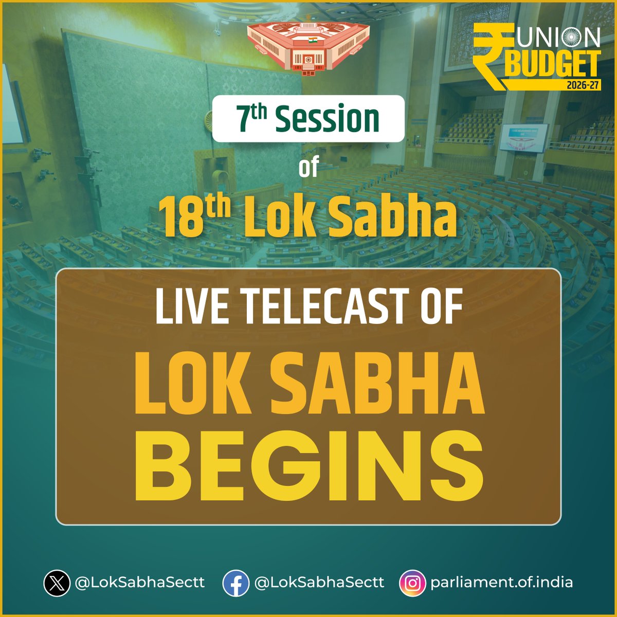 LokSabhaSectt's tweet image. Live Telecast of Lok Sabha begins.

@loksabhaspeaker @ombirlakota @sansad_tv

#BudgetSession2026 #Budget2026 #parliament #LokSabha #18thloksabhasession

youtube.com/live/znHPfU1vZ…