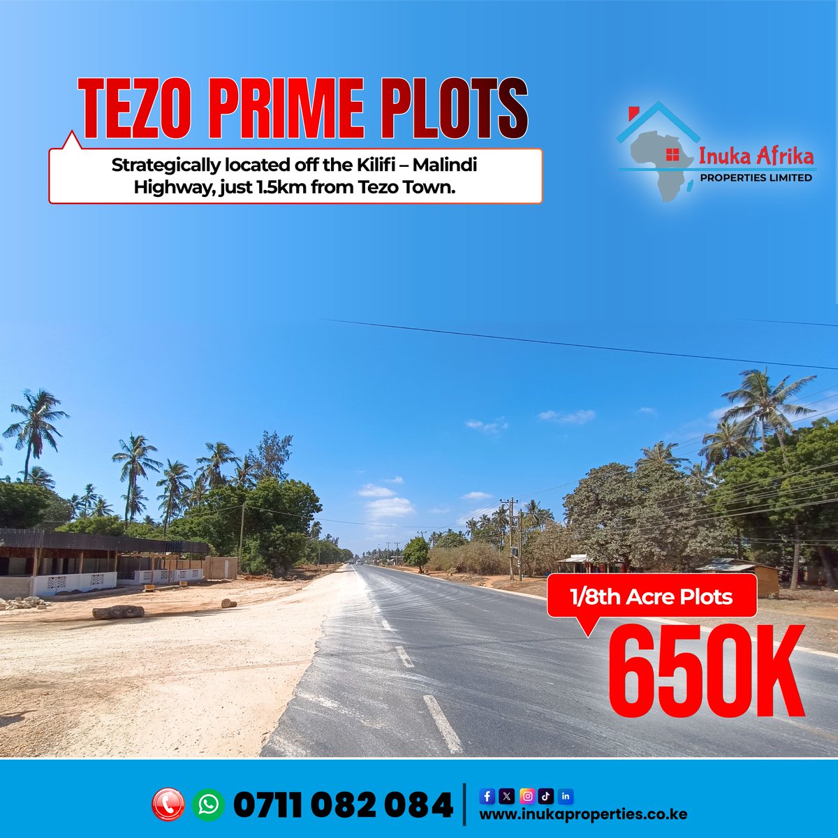 Inukaproperties's tweet image. Tezo @10 Prime Plots

Strategically located prime land just 1.5km from Tezo Town, with easy access from the Kilifi–Malindi Highway.

✅ 1/8 Acre Plots
✅  Price: KES 650,000

Book a site visit today: Call/WhatsApp 0711 082 084
inukaproperties.co.ke

#KilifiPlots #LandInvestment