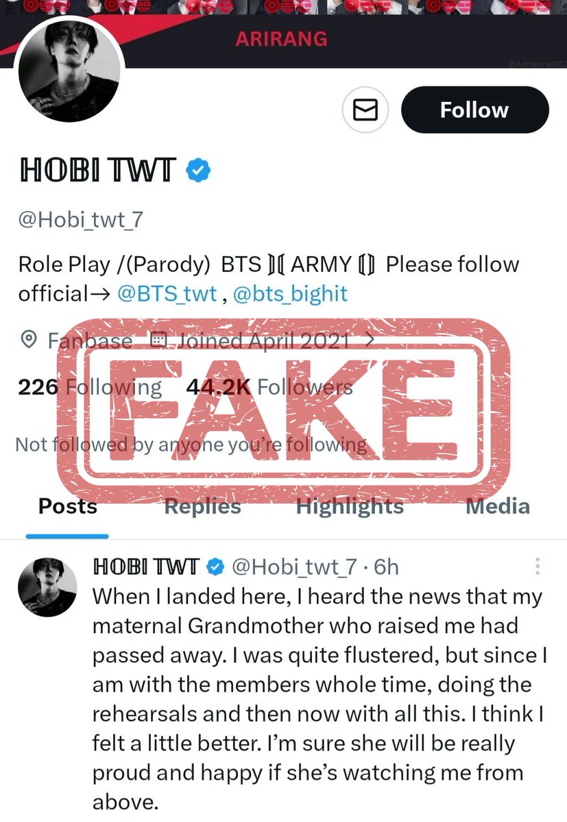 44.2K people are following this impersonator account using AI-generated images and taking advantage of j-hope's loss of a loved one to farm engagement.
If you're one of their followers, please unfollow immediately and report it as impersonation to <a href="/bts_bighit/">BTS_official</a>. If you have moots