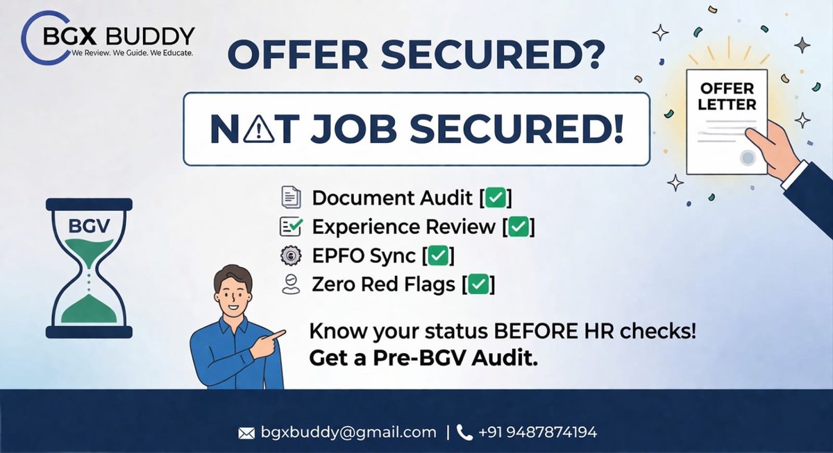 BgxBuddy's tweet image. Offer Letter \neq Job Secured! ⚠️
​Don't let a BGV surprise ruin your start. We catch "Red Flags" before HR does.
​Our Pre-BGV Audit includes:
​✅ Document Audit
​✅ Experience Review
​✅ EPFO Sync
​✅ Zero Red Flags
📞 +91 9487874194
📧 bgxbuddy@gmail.com
​#BGV #JobSecurity #mnc