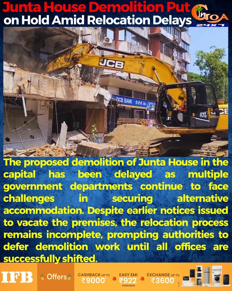 InGoa24x7's tweet image. Junta House Demolition Put on Hold Amid Relocation Delays

#Goa #GoaNews #Demolition #JuntaHouse #Relocation #Hold