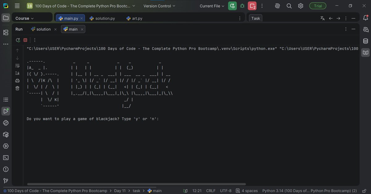 eimmiit's tweet image. Day 11 of #100DaysOfCode 
🧬 I started working on a capstone project (the blackjack program project),... The hardest so far
#BuildInPublic #Python #EimmiitCanCode