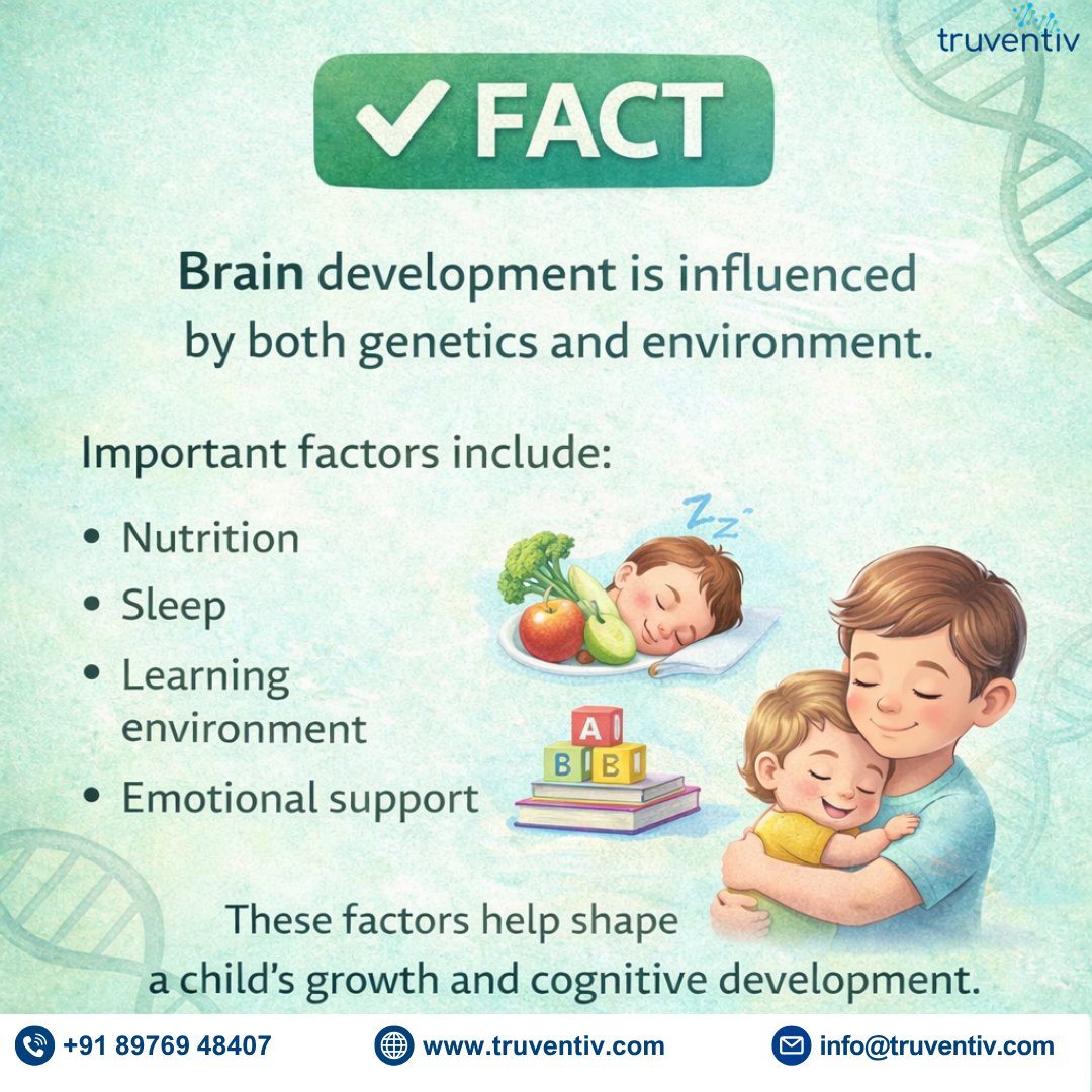 truventiv's tweet image. Many people believe a child’s brain development is completely decided by genetics. 🧠

But the truth is, both genes and environment play an important role. 
.
.
#MythVsFact #ChildBrainDevelopment #ChildDevelopment #ParentingTips #HealthyKids